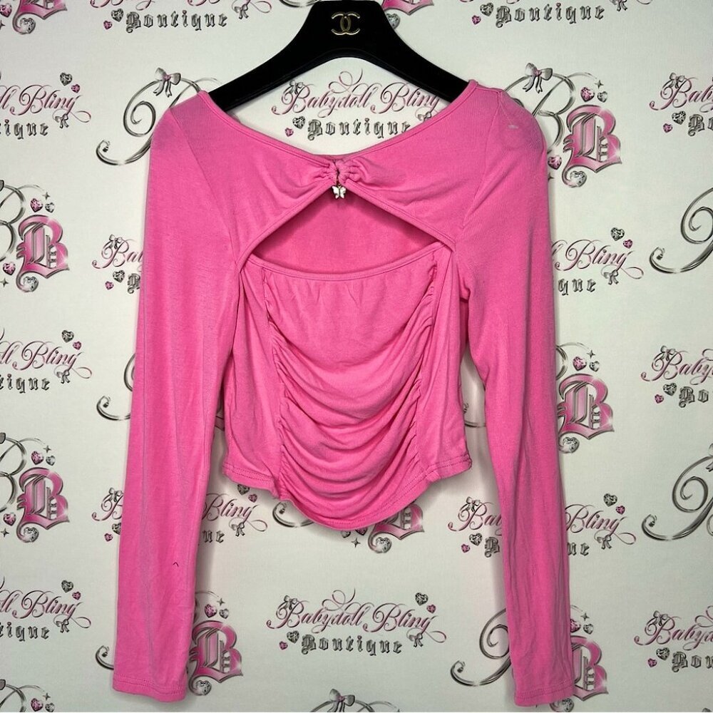 SHEIN butterfly dangly long sleeve rutched pink top stretchy open front chest